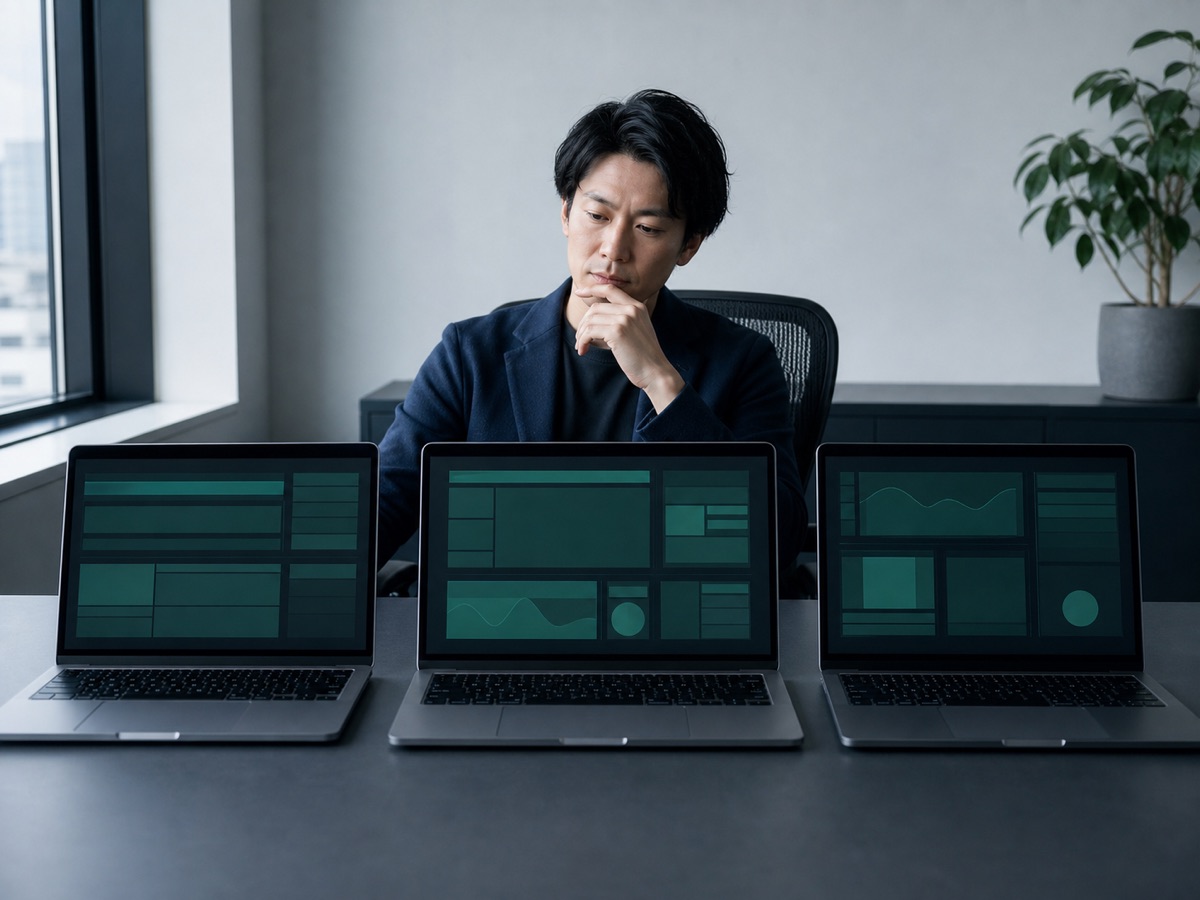 複数のAIエージェントの画面を並べて検討するエンジニア