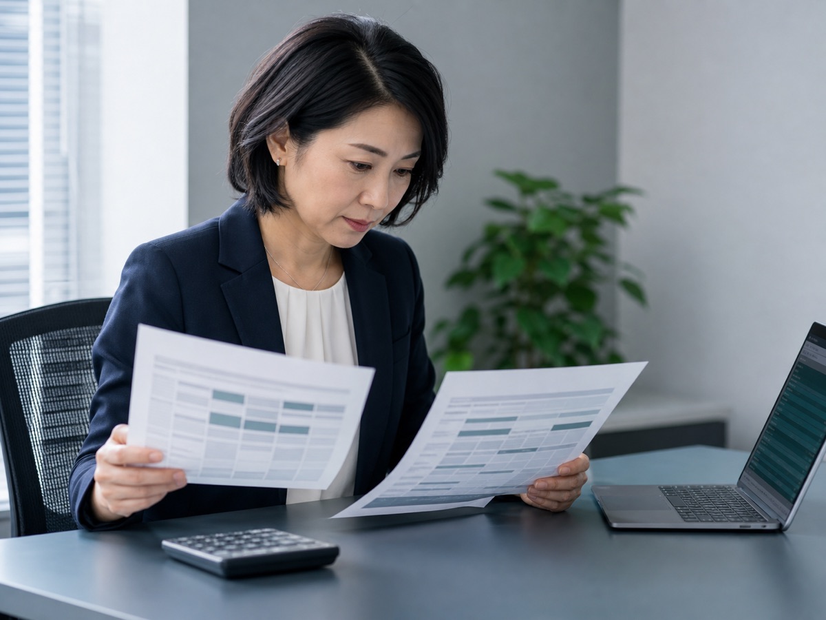 ChatGPT Workのプラン比較資料を確認する管理部門の担当者