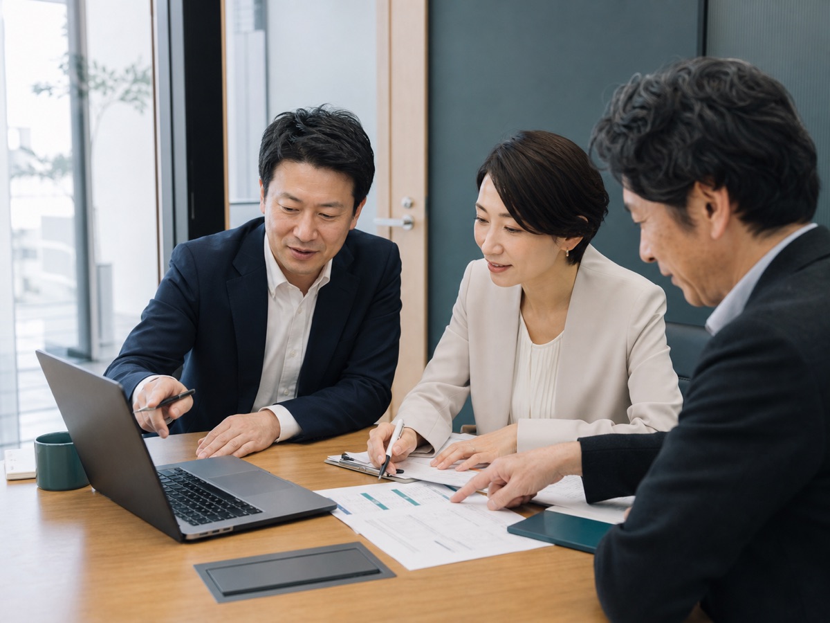 会議後に議事録の決定事項と担当タスクを確認する日本人の会社員