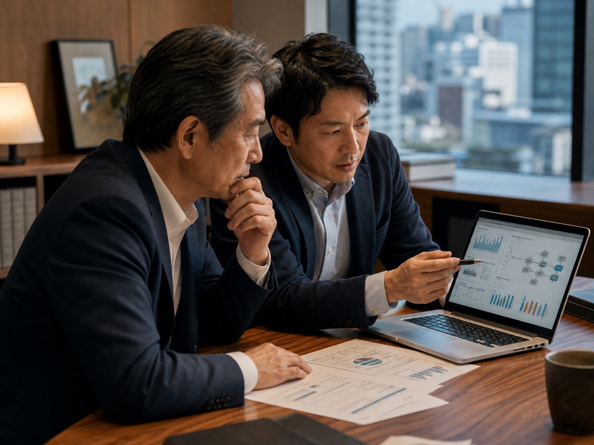会社経営のダッシュボードと業務フローを確認する日本人の経営者と担当者