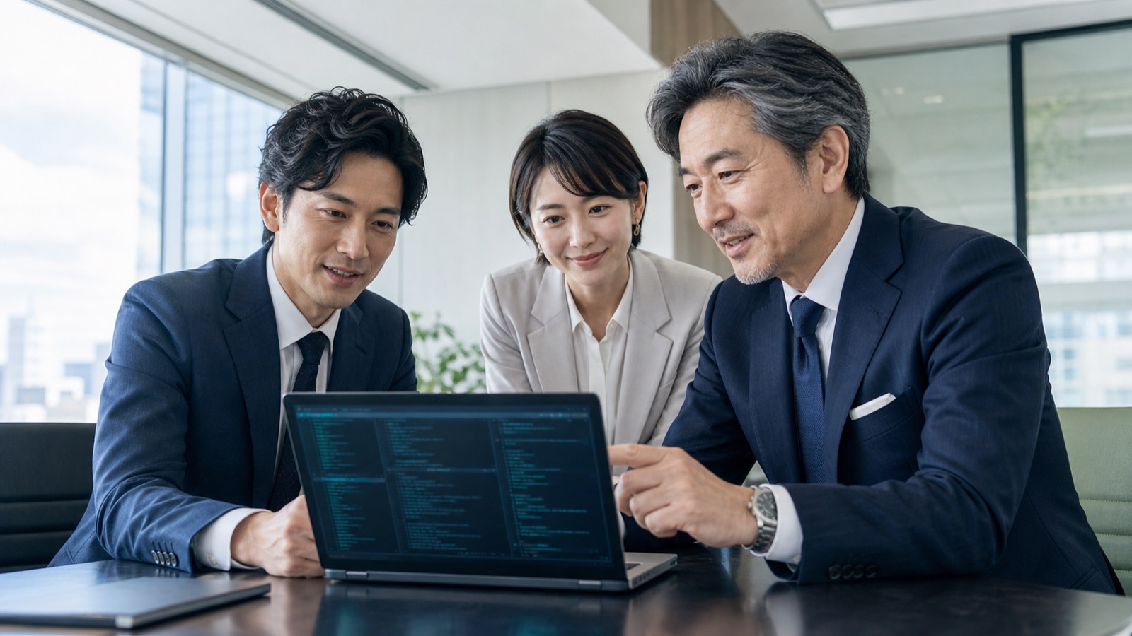 Codexの画面を囲んで業務の自動化を検討する経営者と社員