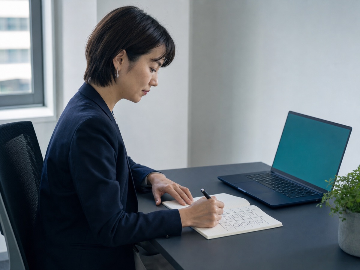 ノートに比較表を書きながらCodex研修の提供各社を検討する担当者